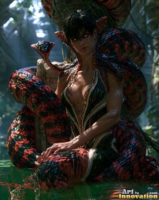 In a dark jungle pool, a snake-bodied woman rests her red and black scaled tail