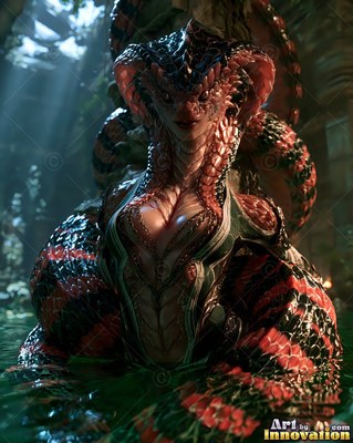 A cobra woman with red scales rests in dark water