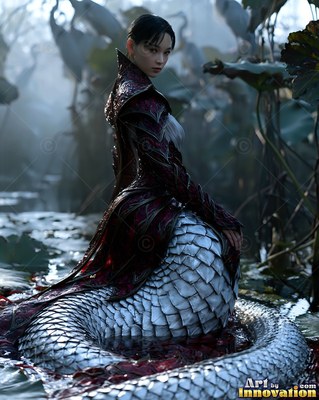 Wearing a dark red coat, a serpent woman lies her silver tail in a shadowy lotus pond