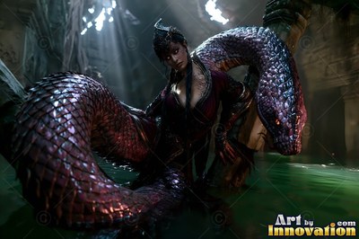 A serpent woman wades through green water under soft beams of sunlight