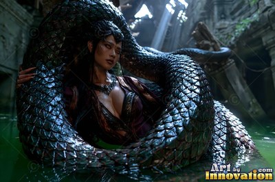 Coiled in dark serpent scales, a woman rests in a flooded stone ruin