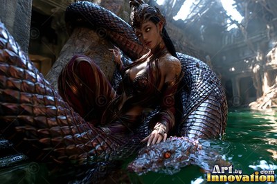A serpent woman rests her scaly coils on a stone ruin in green water