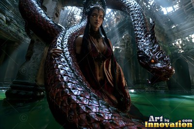 In a stone temple pool, a woman sits coiled beside a dark red snake body