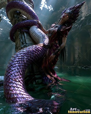 Coiling around a stone pillar in water, a woman with a purple long serpent tail looks upward