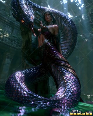A serpent woman with purple scales coiled in green temple water