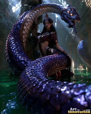 A dark crown sits on a serpent woman whose purple scaled body coils through green water