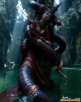A serpent woman sits on a stone pillar in green water under soft overhead sunbeams