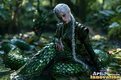 Resting in a forest pool, a woman with a green coiled serpent tail looks out