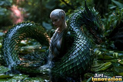 A pale woman in white rests in a dark pond beside a green scaly dragon