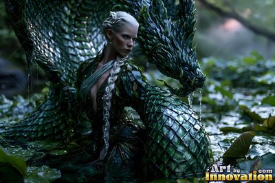 In a dark lotus pool, a woman with white hair sits inside green serpent coils