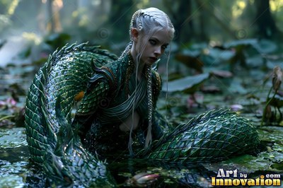 Resting in a shallow lily pond, a pale woman coils her long green coiled serpent tail