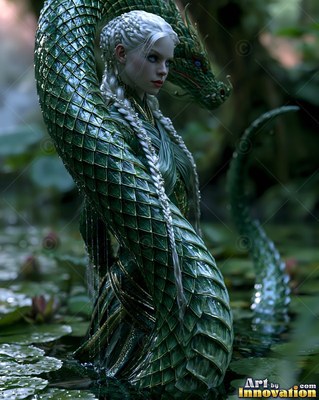 A woman with braided hair and a green snake tail in a lotus pond