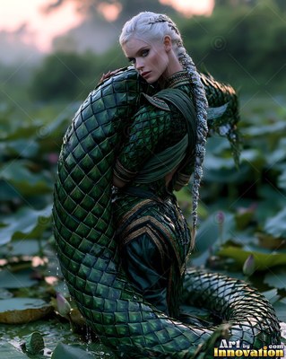 A braided silver-haired serpent woman coils her green scaled tail in a lily pond