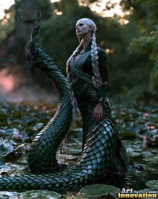 A serpent woman rises from lily pads under soft evening light