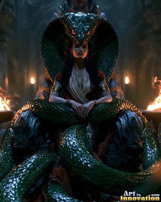 Seated on a dark carved stone throne, a serpent woman relaxes between twin fire bowls