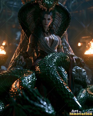 A woman with a green winding snake tail sits on a heavy stone throne near torch fire