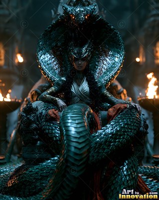On a stone throne, a serpent woman sits hooded beneath a cobra head