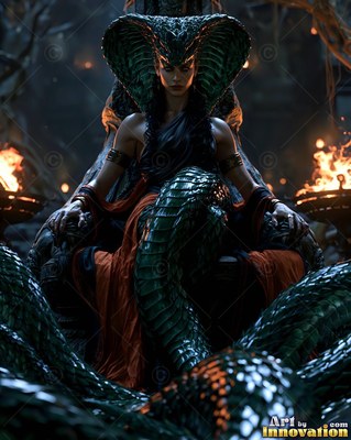 Sitting on a dark throne between fires, a serpent woman coils her green tail below her