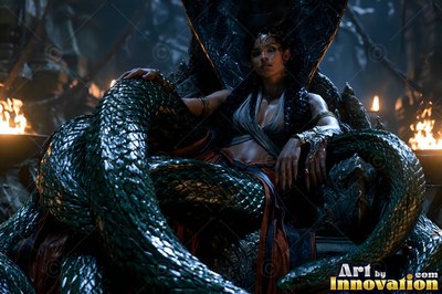 Serpent woman with coiled green scales sitting on a dark throne
