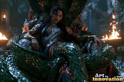 Draped in dark gray silk, a snake woman rests on a carved heavy stone throne beside open fires