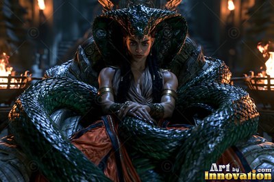 A serpent woman sits on a stone throne with green scales wrapped around her in firelight