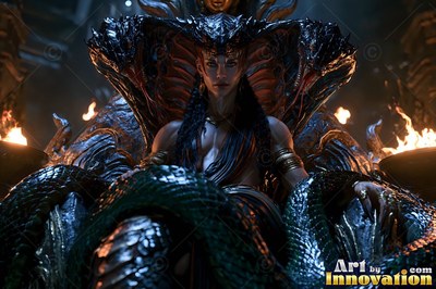 Seated on a dark ancient stone throne, a serpent woman rests between twin fire bowls