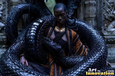 A dark-skinned woman sits wrapped in a black coiled snake tail by stone ruins