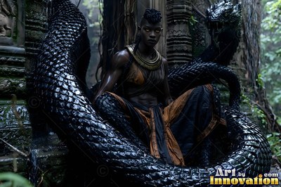 In stone temple ruins, a seated woman rests inside coils of a black snake