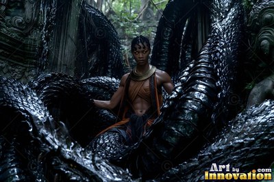 Resting in deep stone ruins, a serpent woman sits framed by black coils