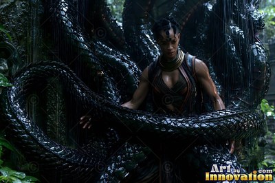 A woman wrapped in wet black serpent coils by stone ruins