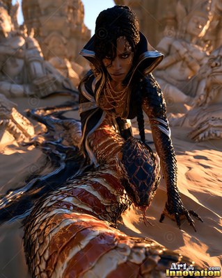 With dark braided hair, a serpent woman crawls across sand past stone statues