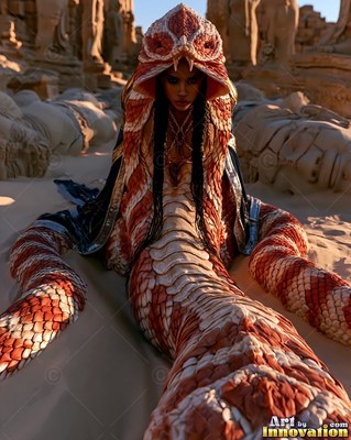 A serpent woman rests on desert sand, her red and white scales lit by warm sun