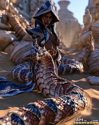 Coiled in sandy temple ruins, a hooded woman rests her scaled tail