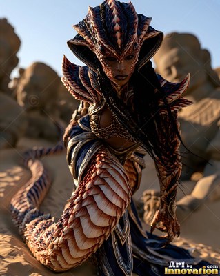 A cobra woman with brown scales slithers forward on the desert sand