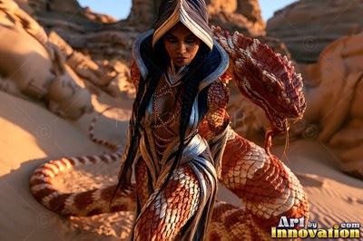 In desert sand, a hooded woman with a snake body with scaled coils looks forward