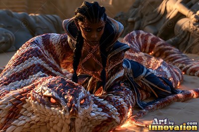 Leaning over a giant coiled snake, a dark-haired woman rests in warm sand