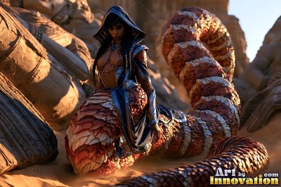 A hooded snake woman coils on sand by carved rocks