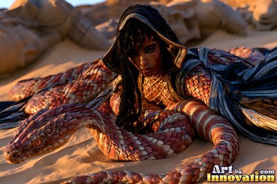 A hooded serpent woman with red scales rests on desert sand in warm sunlight