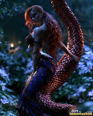 Turned sideways in a dark garden, a serpent woman curves her scaled tail upward