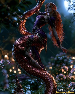 A red-haired serpent woman twists her scaly tail through dark flowers at night