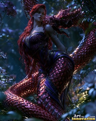 In a dark garden, a red-haired serpent woman rests among flowers