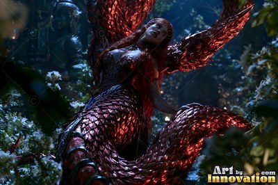 Rising through white flowers, a serpent woman twists her scaly red tail in dim light