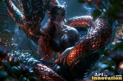 A woman with a snake body sits in dark woods with coiled reddish scales