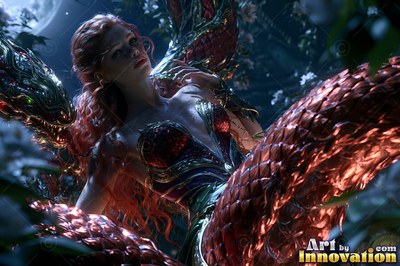 A red-scaled bodice dresses a part-snake woman coiled among white flowers at night