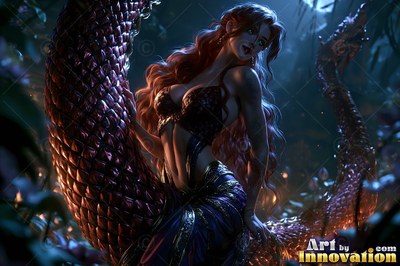 A red-haired serpent woman lies against her coiled tail in dim blue light