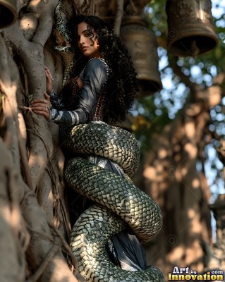 Coiled in thick tree roots, a serpent woman pauses beneath heavy bronze bells