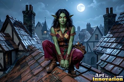 On a tiled rooftop under the full moon, a green goblin woman crouches in dark clothes