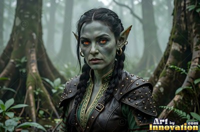 Standing in a misty swamp, a green goblin woman in brown studded armor
