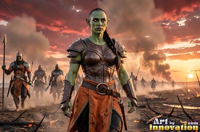 Riveted leather armor covers a woman walking through a smoky battlefield at sunset