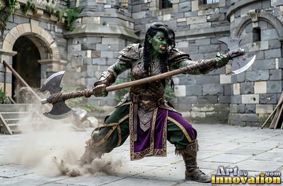 A green-skinned orc woman brandishes a double-headed battleaxe in the gray courtyard daylight